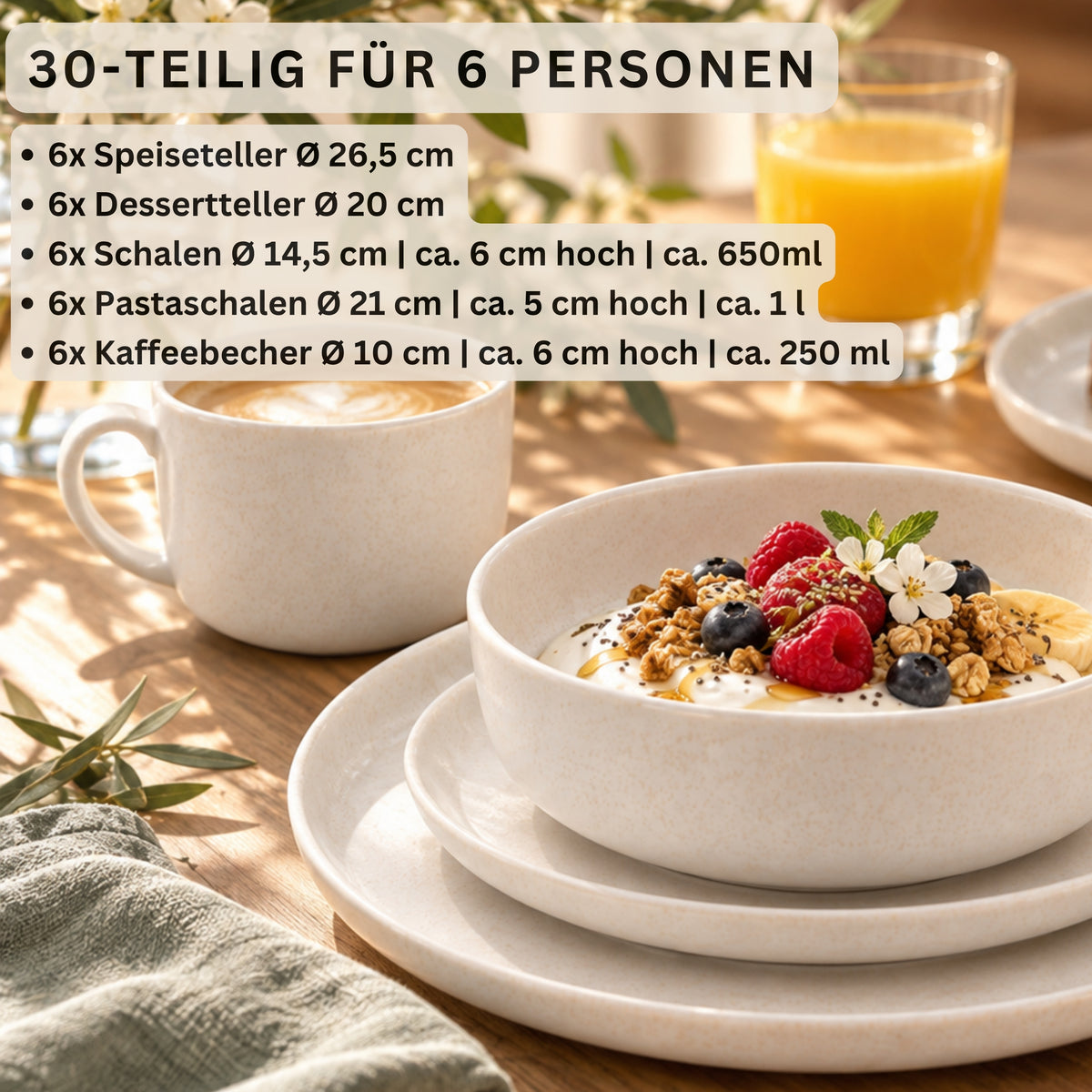 SÄNGER Steingut Geschirrset Salina, Kombiservice 30 teilig für 6 Personen