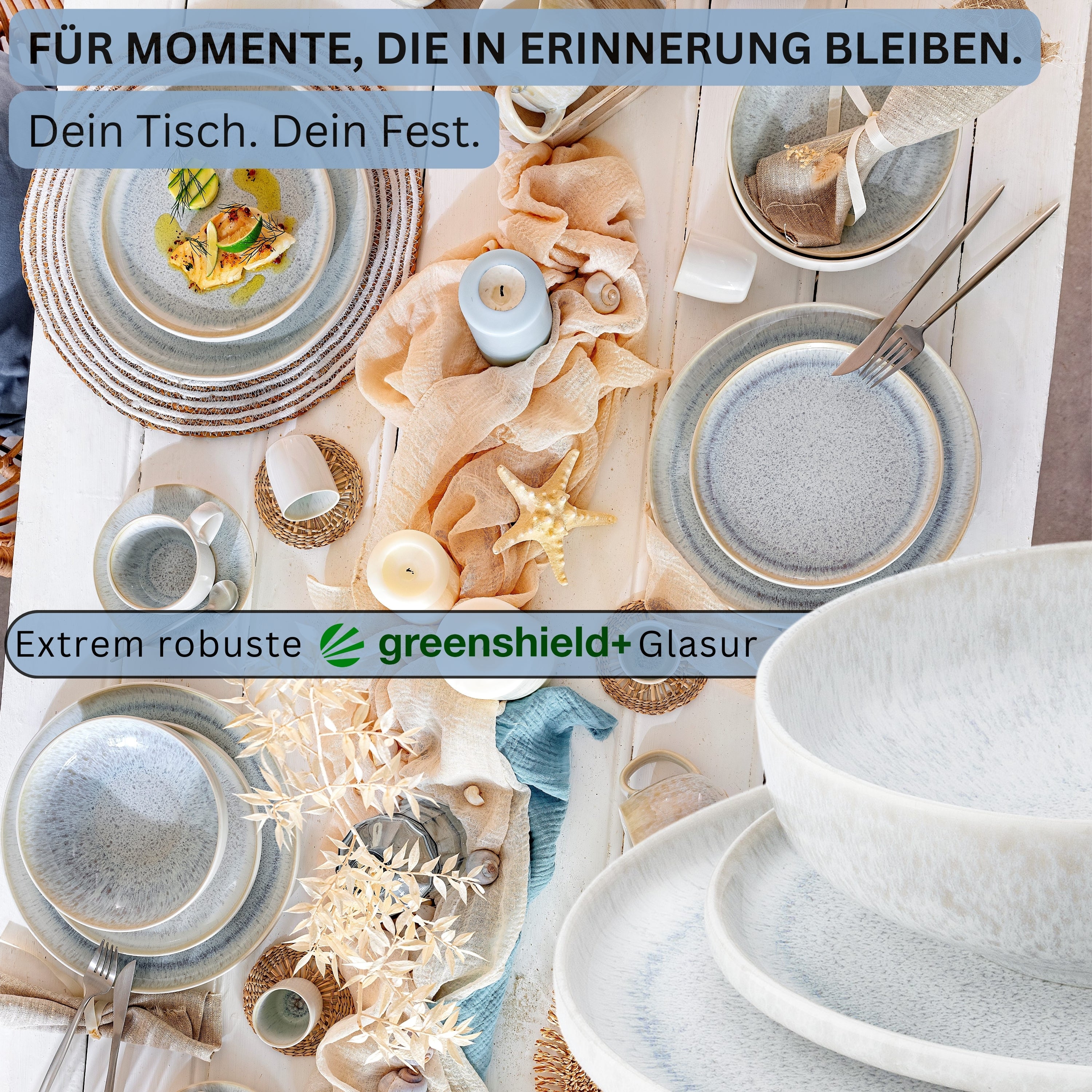 SÄNGER Steingut Geschirrset Santorini, Tafelservice 24 teilig für 8 Personen
