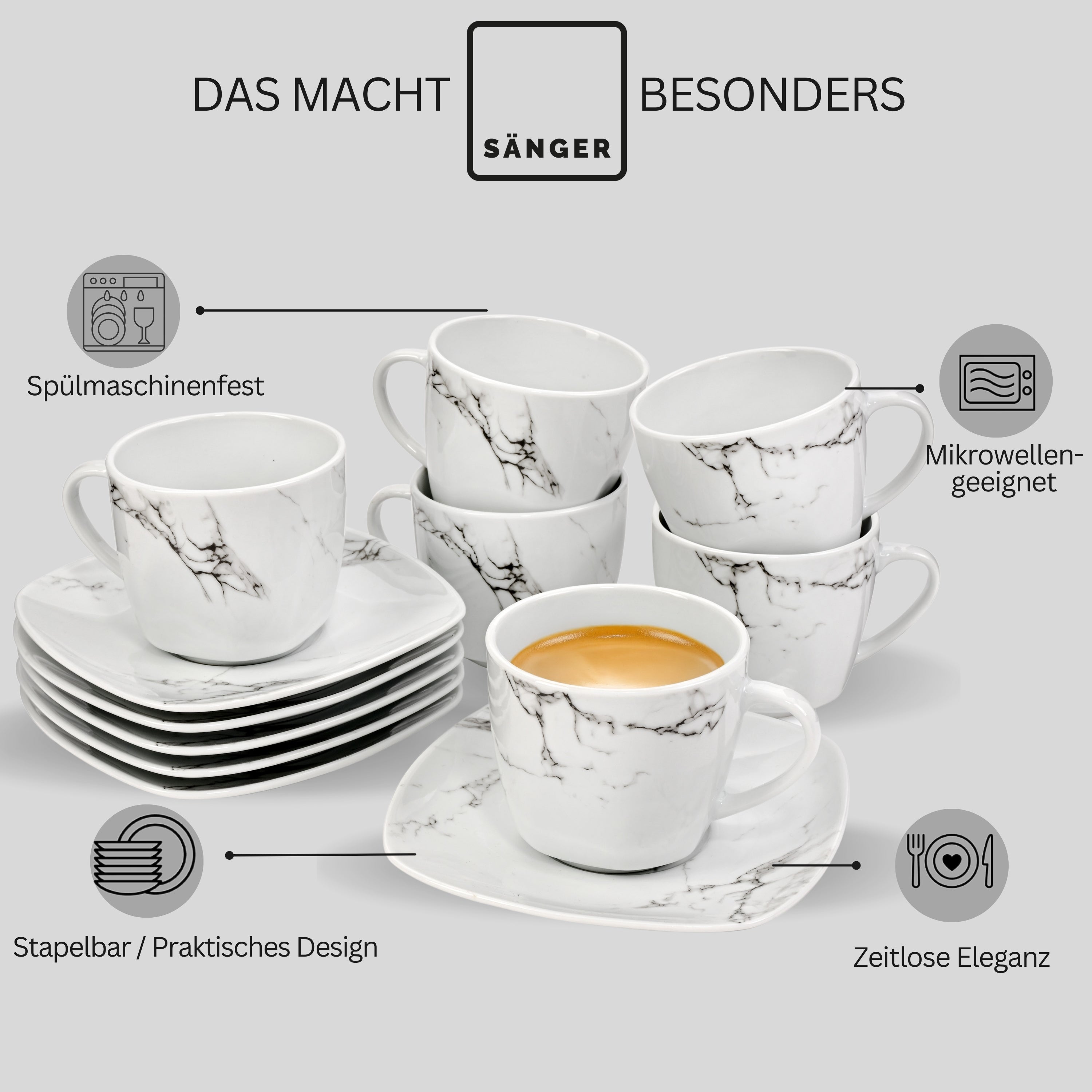 SÄNGER Kaffeetassen Set Bilgola Marmor 12 teilig für 6 Personen