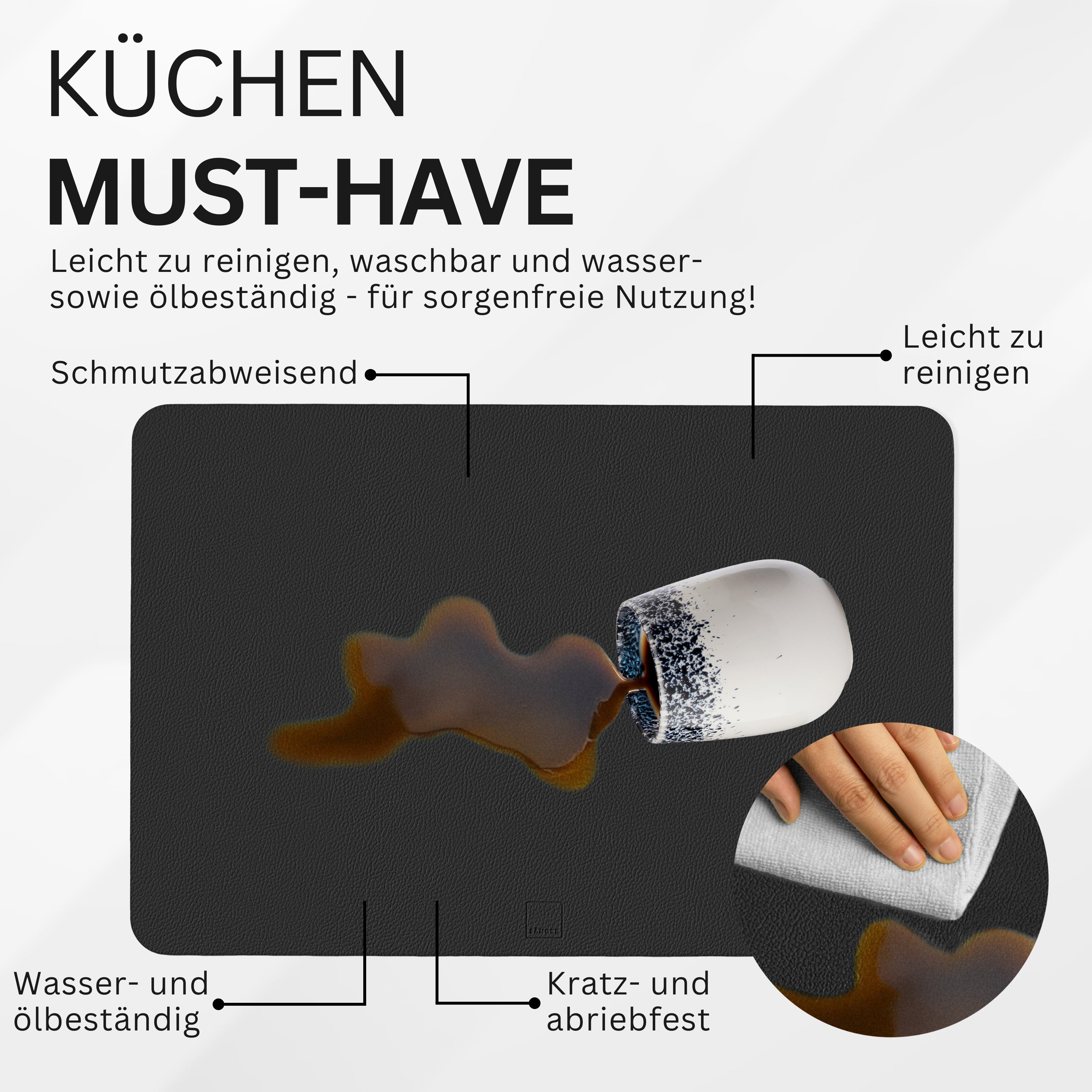 SÄNGER rechteckige Tischsets & Untersetzer aus Kunstleder 12 teilig  für 6 Personen, Schwarz + Hellgrau