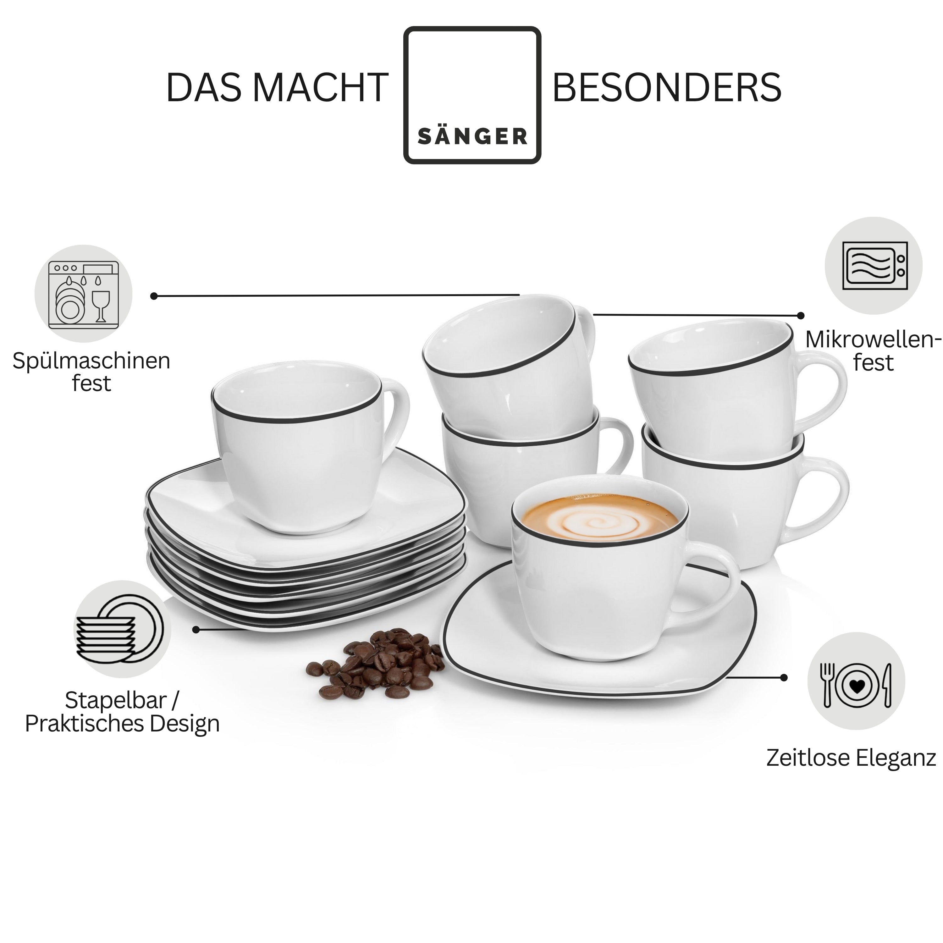 SÄNGER Porzellan Kaffeetassen Set Bilgola Black Rim 12 tlg