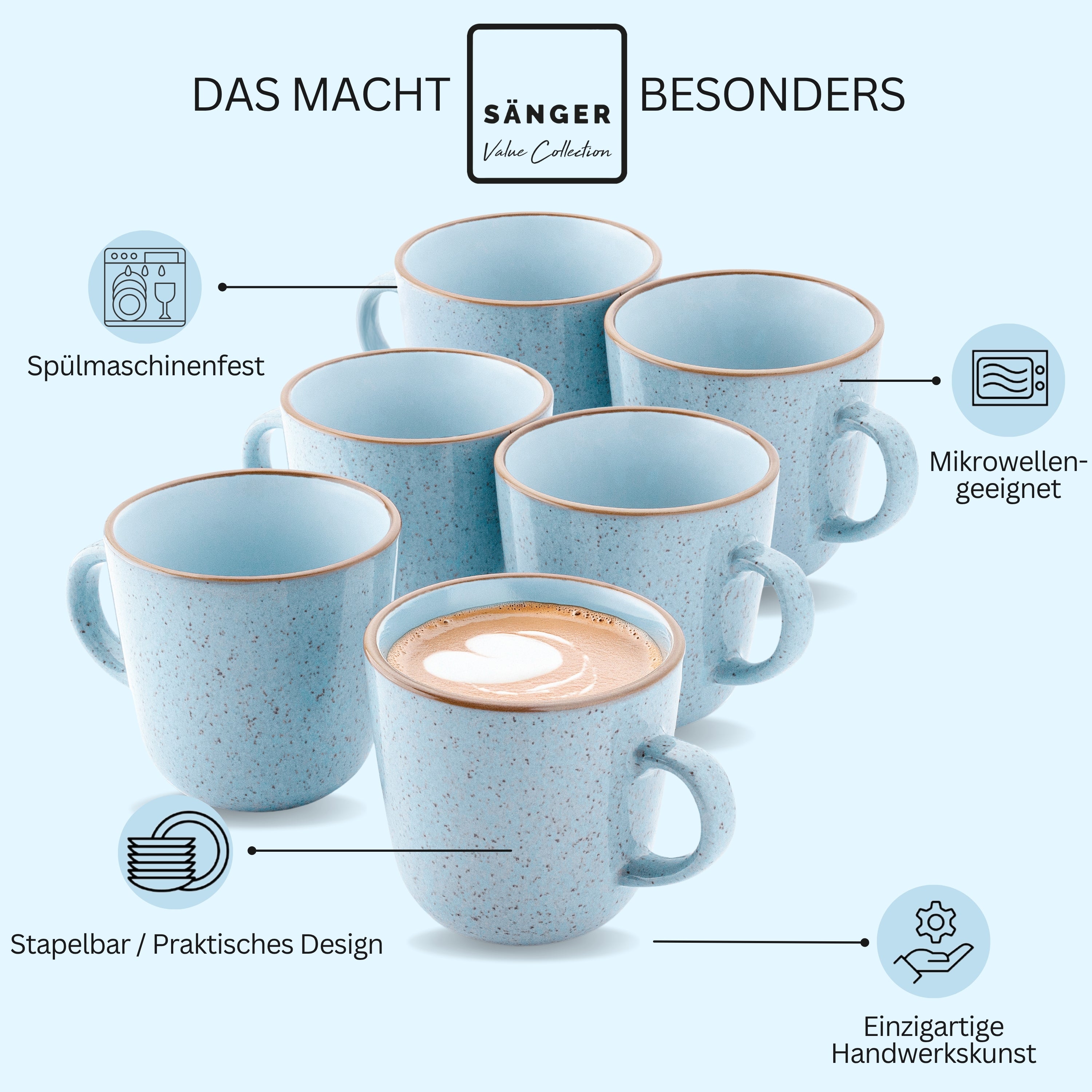 SÄNGER Kaffeebecher Set Rio Lagune- 6 teilig aus Steingut