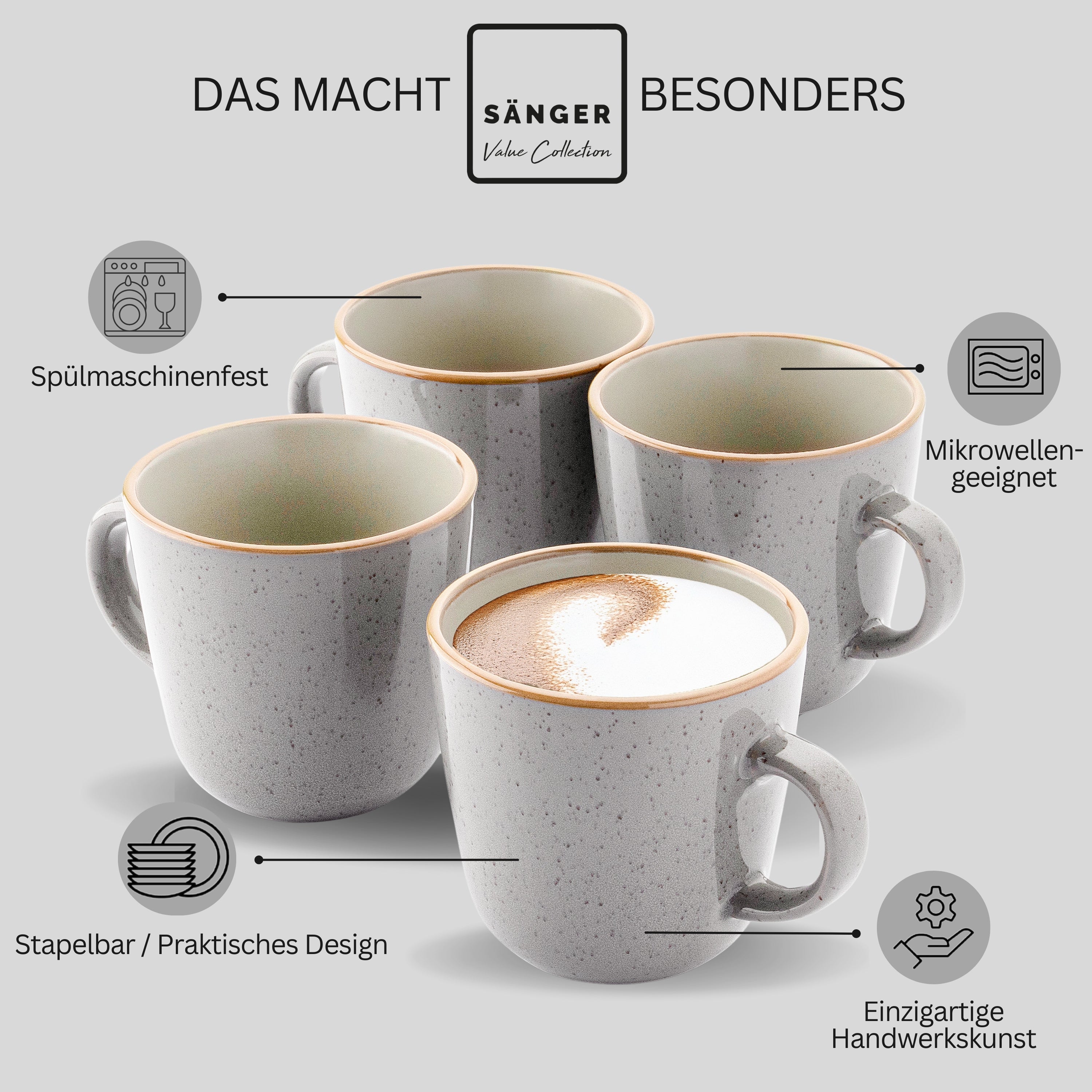 SÄNGER Kaffeebecher Set Rio Perlgrau - 6 teilig aus Steingut