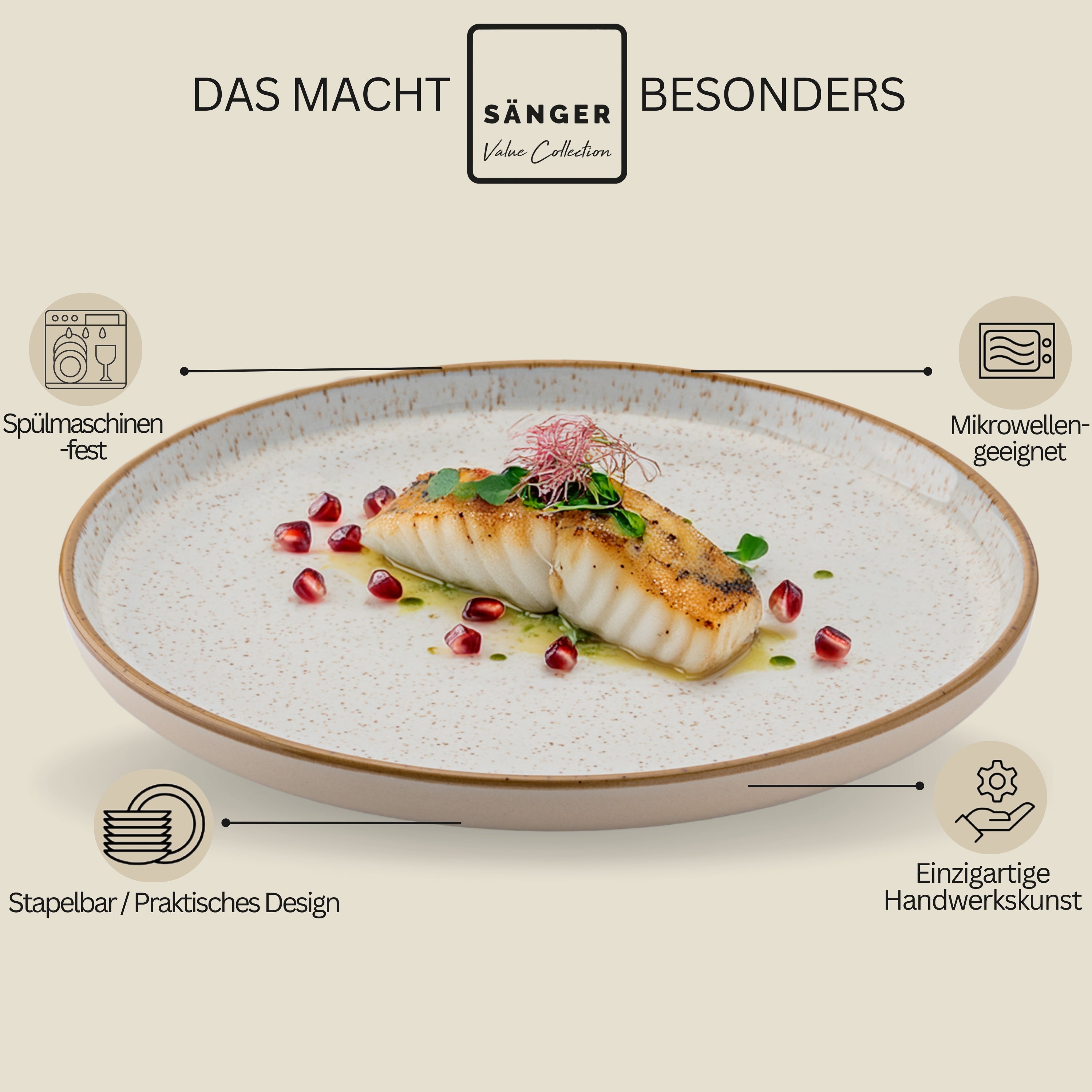SÄNGER Dinner Plate Set Rio Creme - 6 Pieces Made of Stoneware