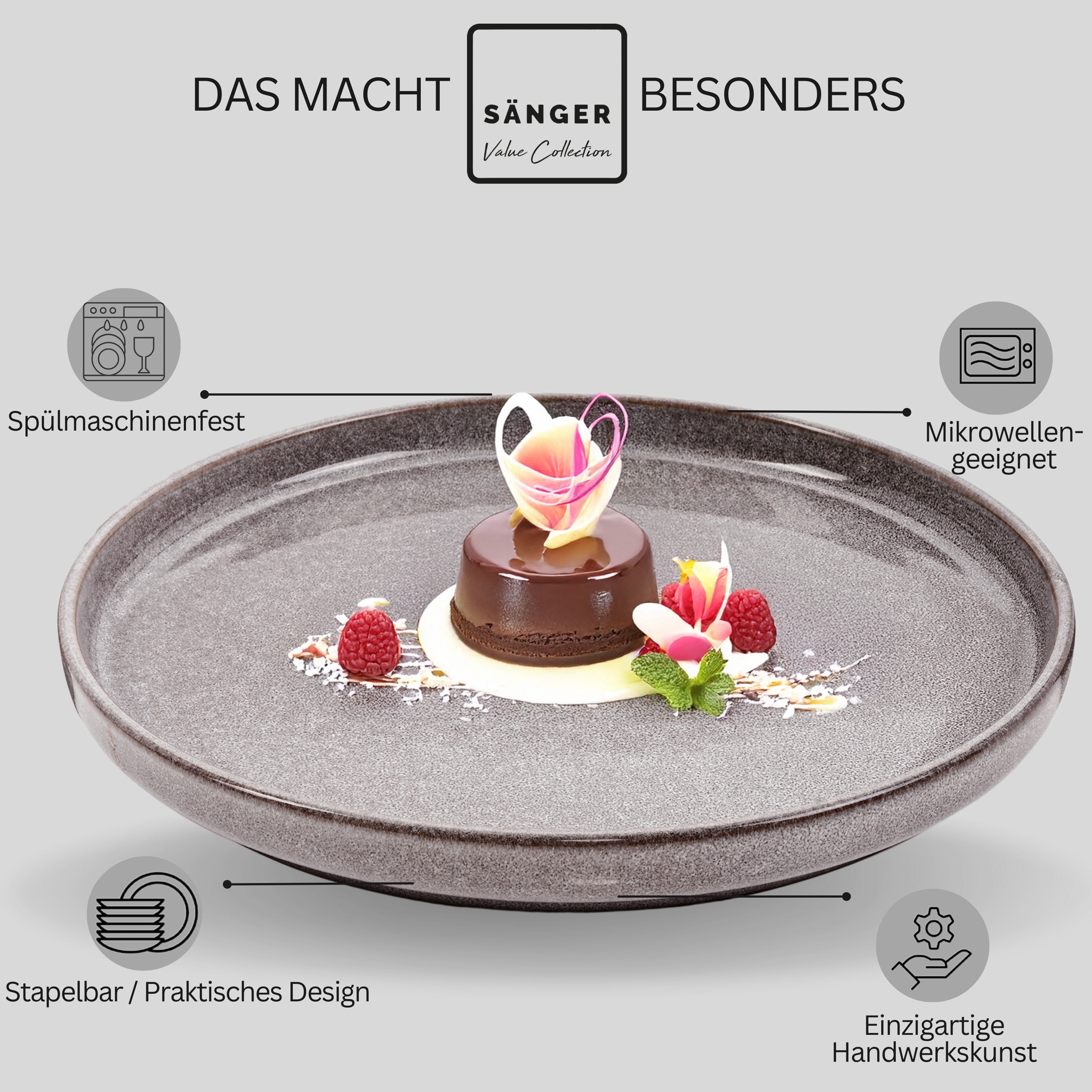 SÄNGER Dessertteller Set Kairo Mondgrau - 4 teilig aus Steingut