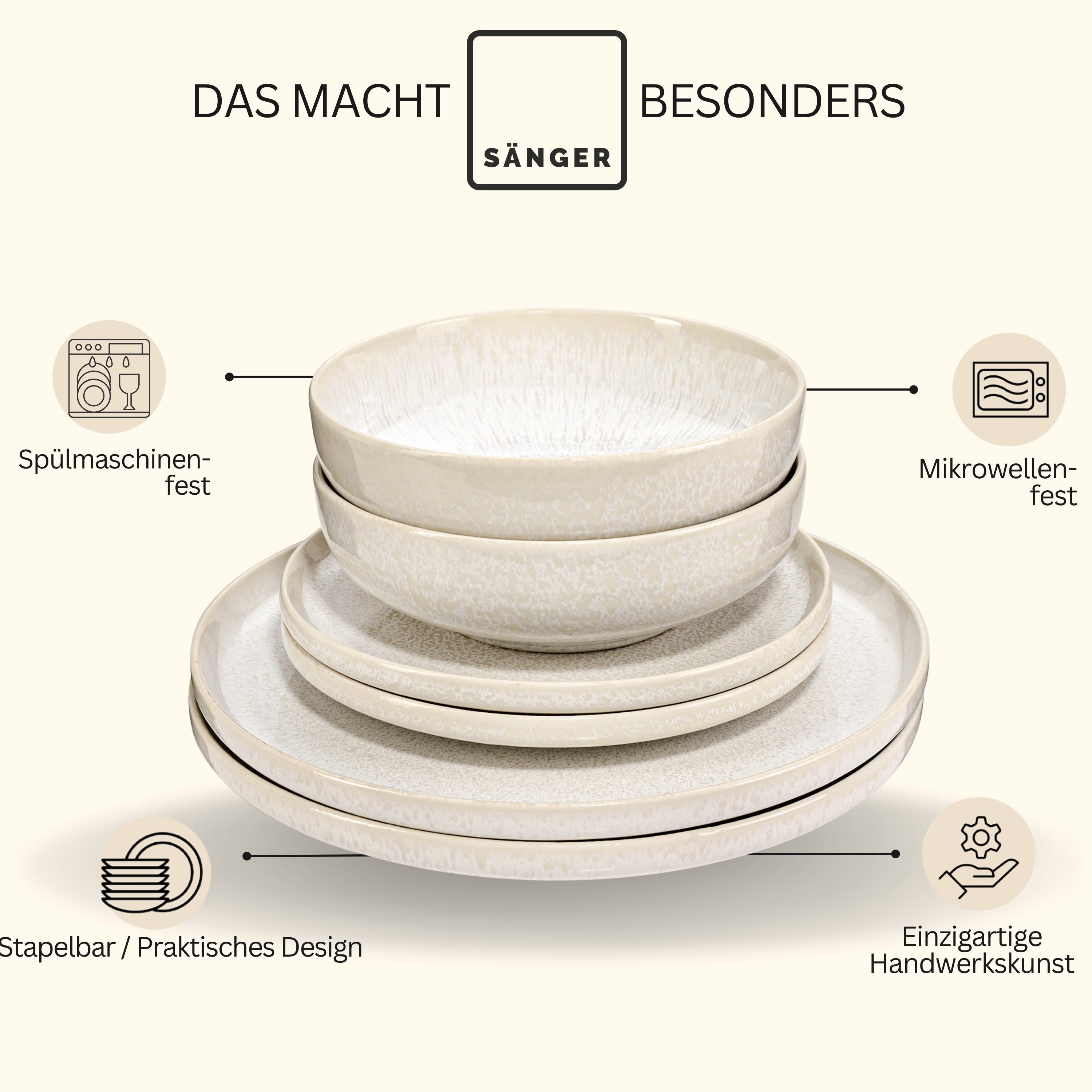 SÄNGER Steingut Geschirrset Korfu, Tafelservice 24 teilig für 8 Personen