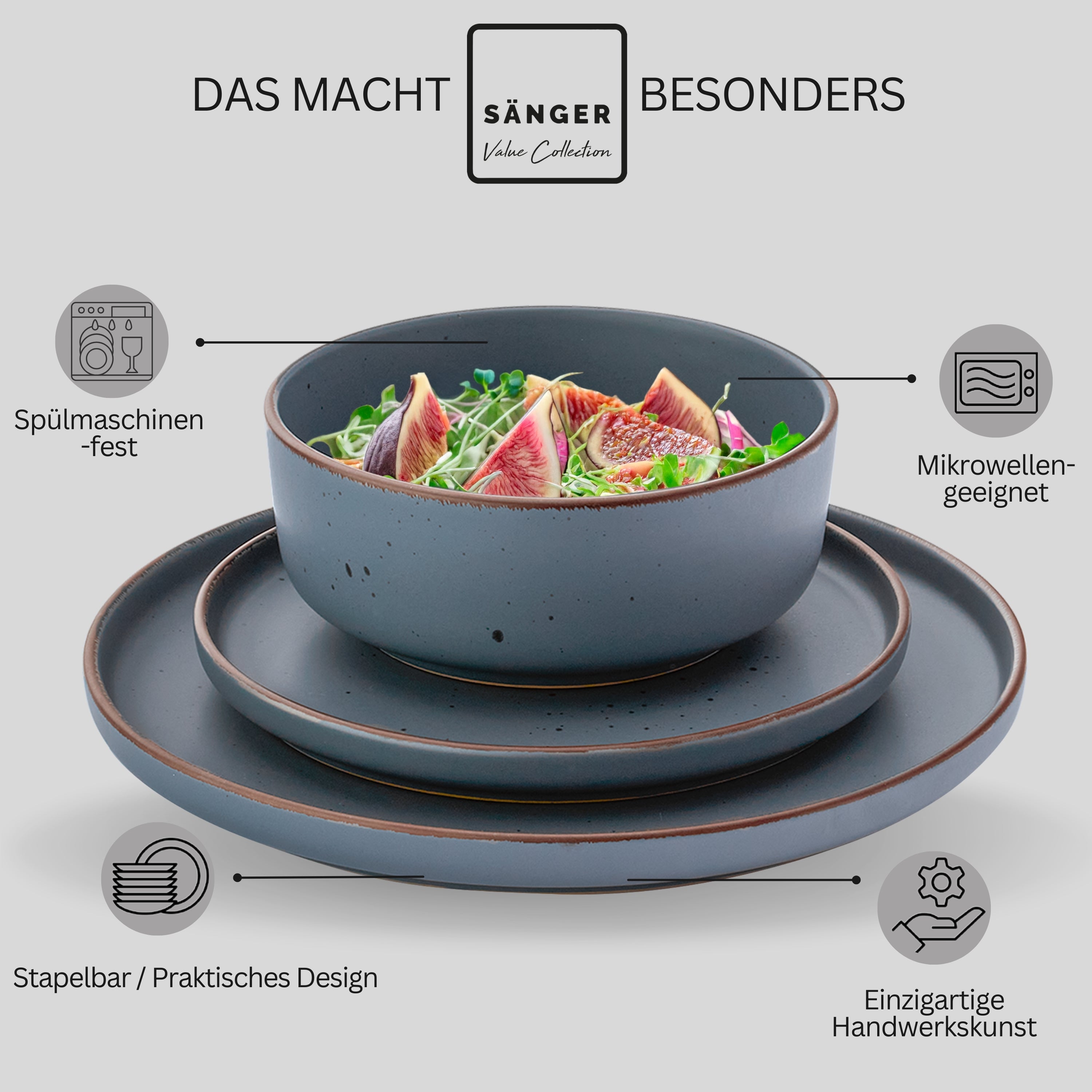 SÄNGER Steingut Geschirrset Bombay Graphit 24 teilig für 6 Personen