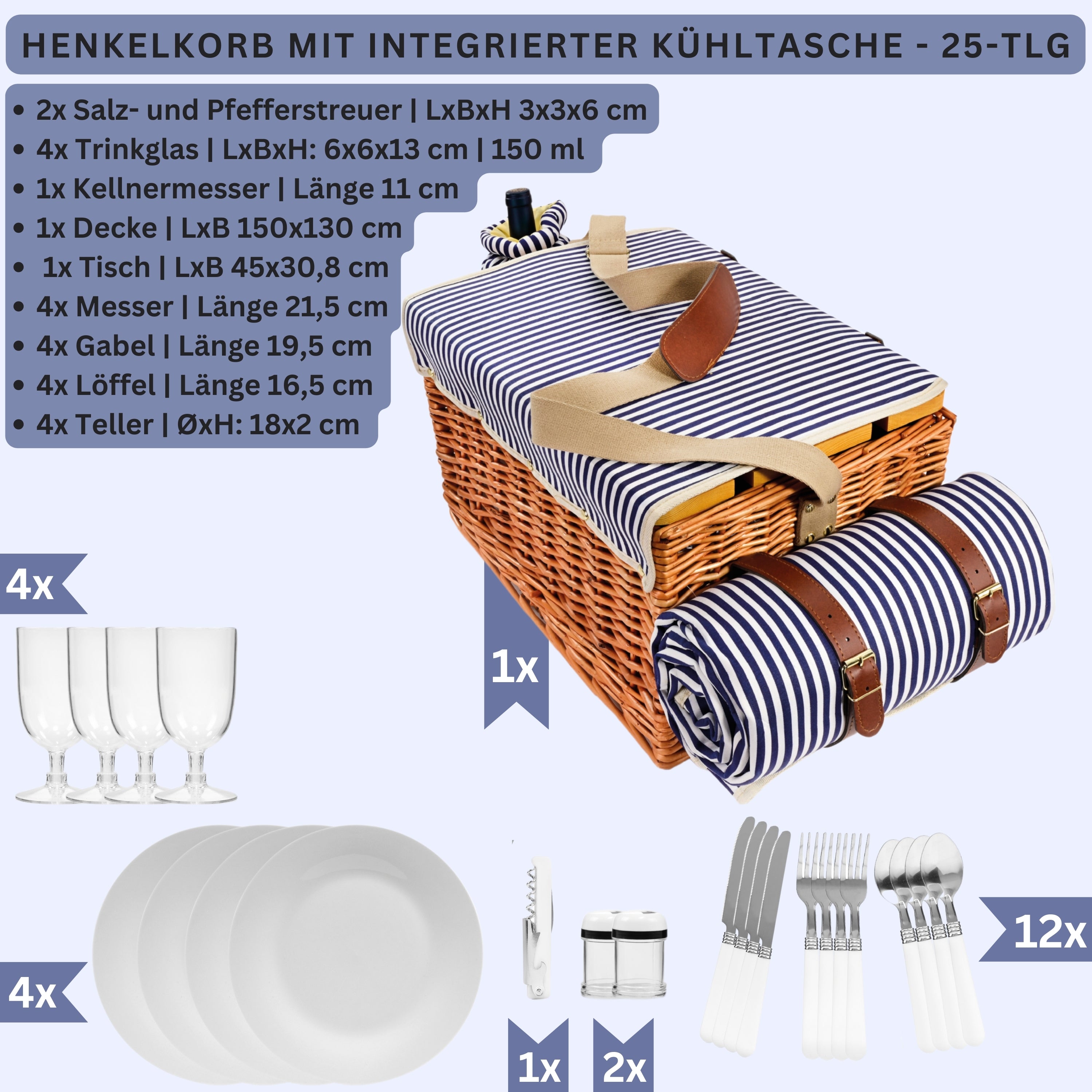 SÄNGER Picknickkorb Borkum mit integriertem Tisch & Kühltasche 25 teilig für 4 Personen