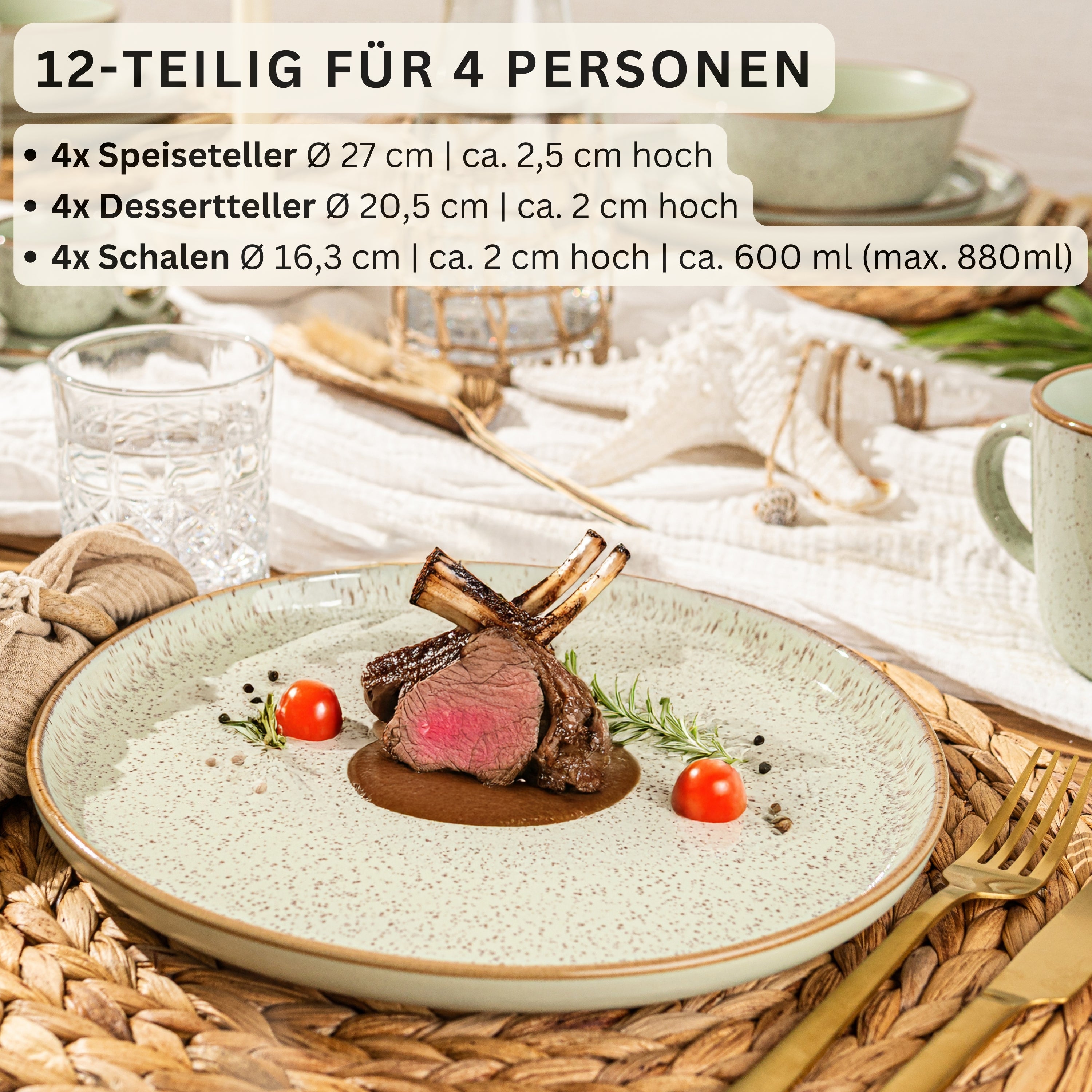 SÄNGER Steingut Geschirrset Rio, Tafelservice 12-teilig für 4 Personen