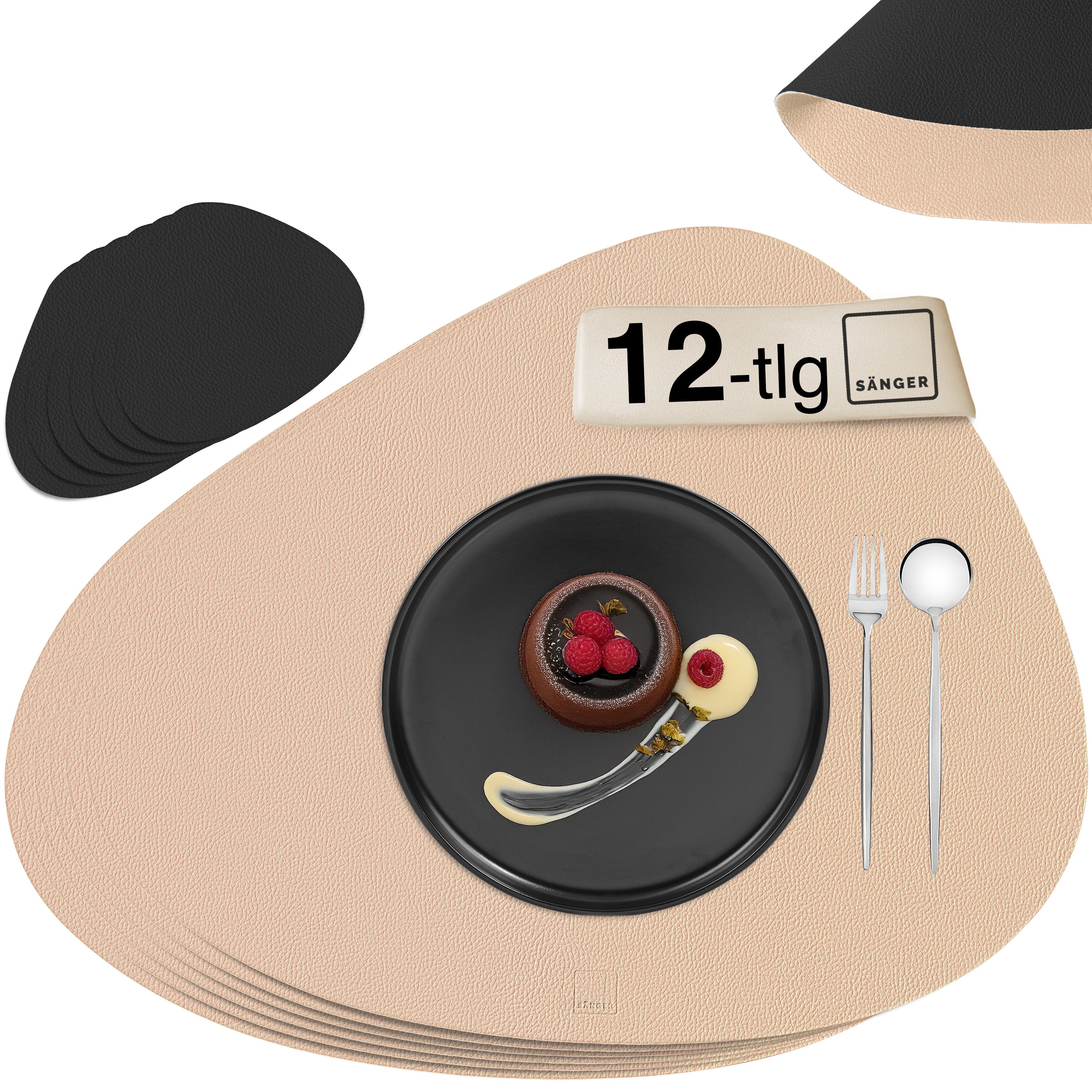 SÄNGER organische Tischsets & Untersetzer aus Kunstleder 12 teilig  für 6 Personen,  Schwarz + Beige