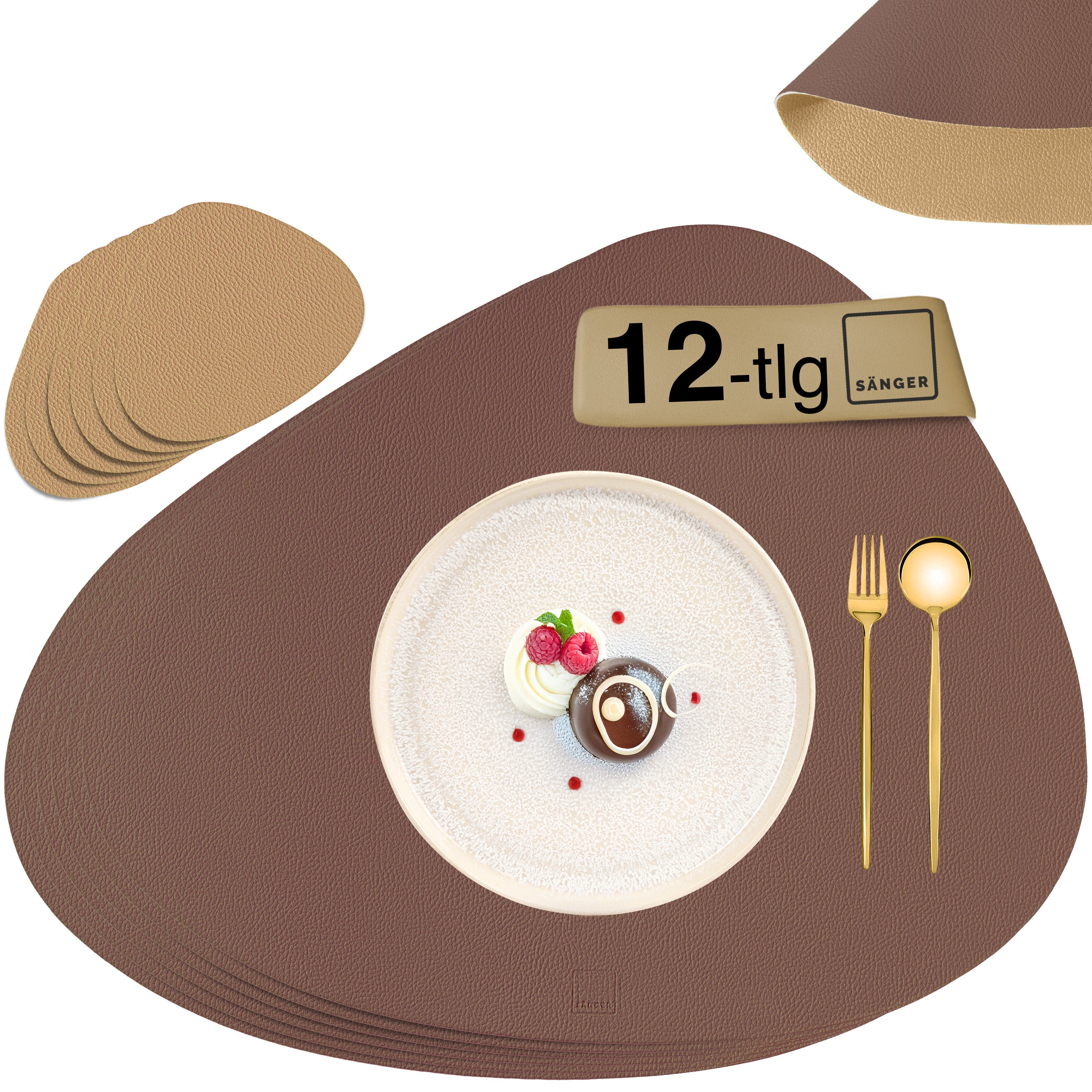 SÄNGER organische Tischsets & Untersetzer aus Kunstleder 12 teilig  für 6 Personen, Mocha + Beige