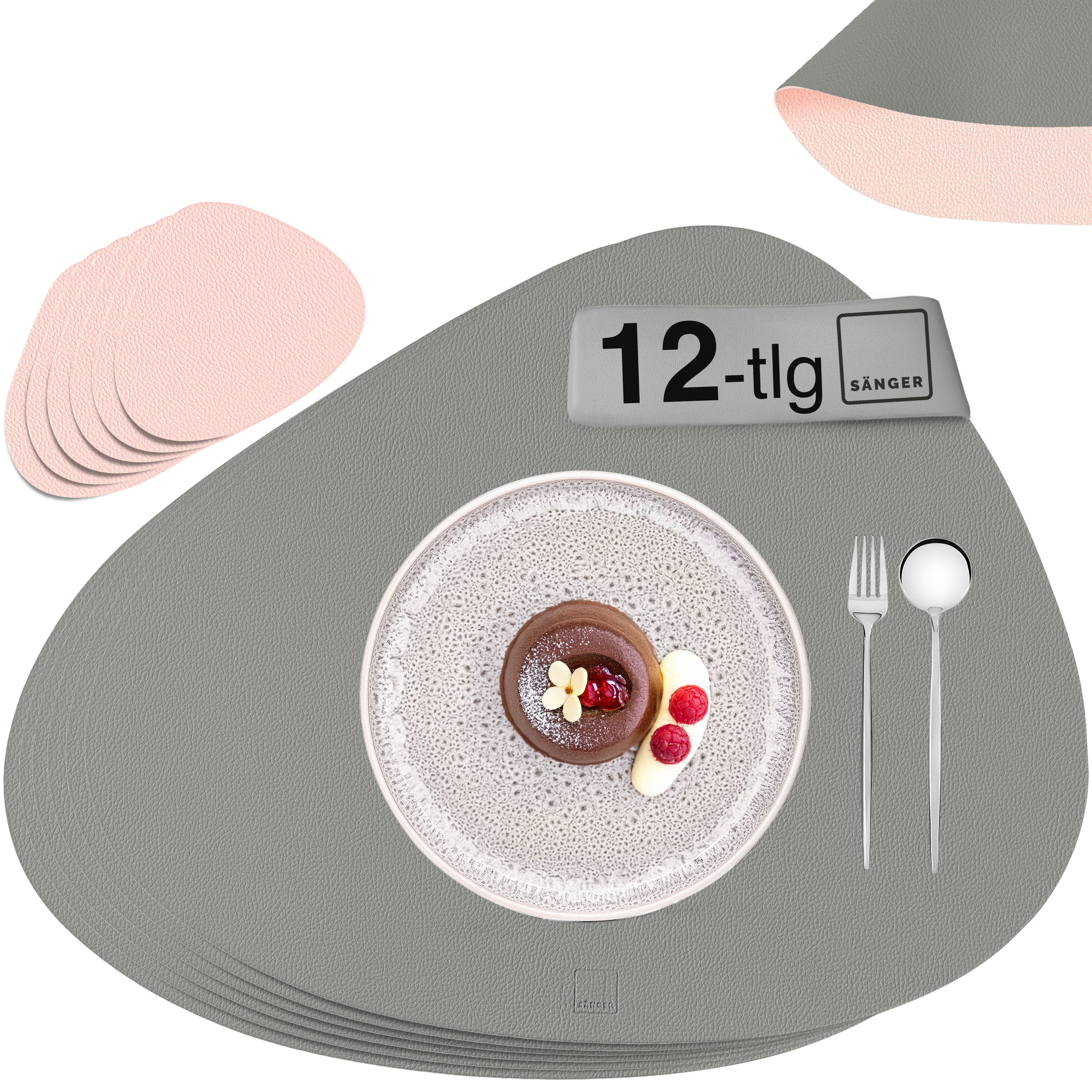 SÄNGER organische Tischsets & Untersetzer aus Kunstleder 12 teilig  für 6 Personen, Rosa + Grau