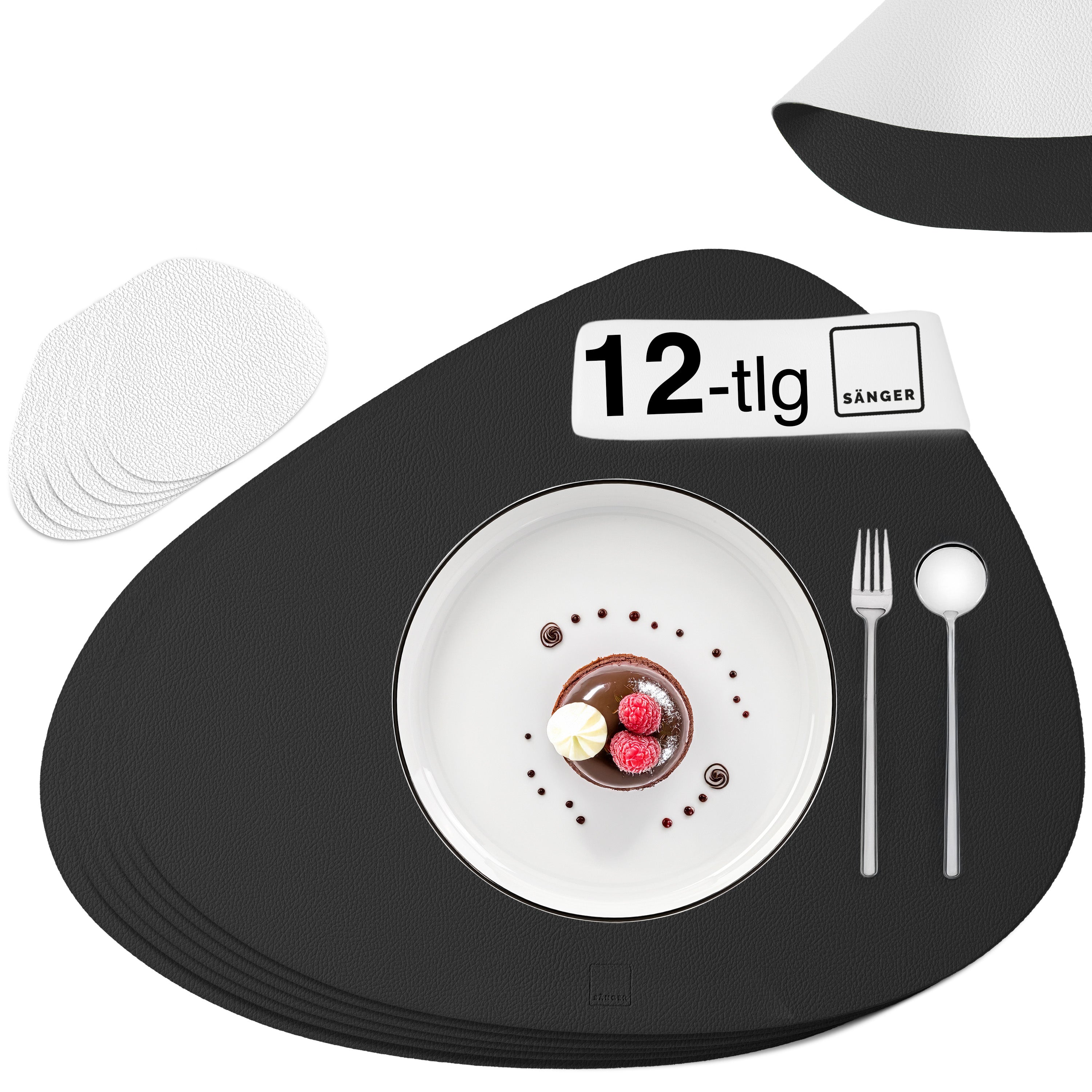 SÄNGER organische Tischsets & Untersetzer aus Kunstleder 12 teilig  für 6 Personen, Schwarz + Creme