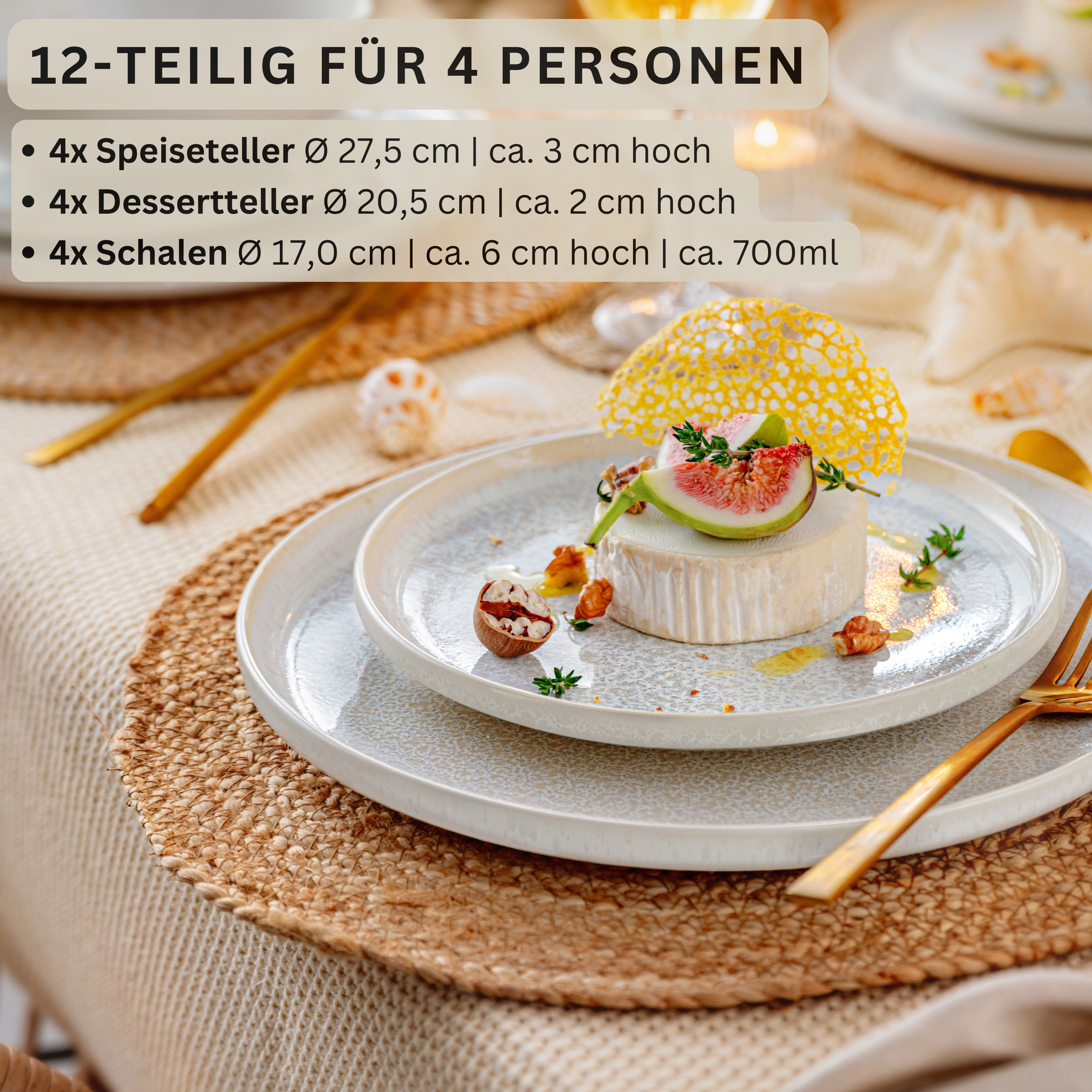 SÄNGER Steingut Geschirrset Korfu, Tafelservice 12 teilig für 4 Personen