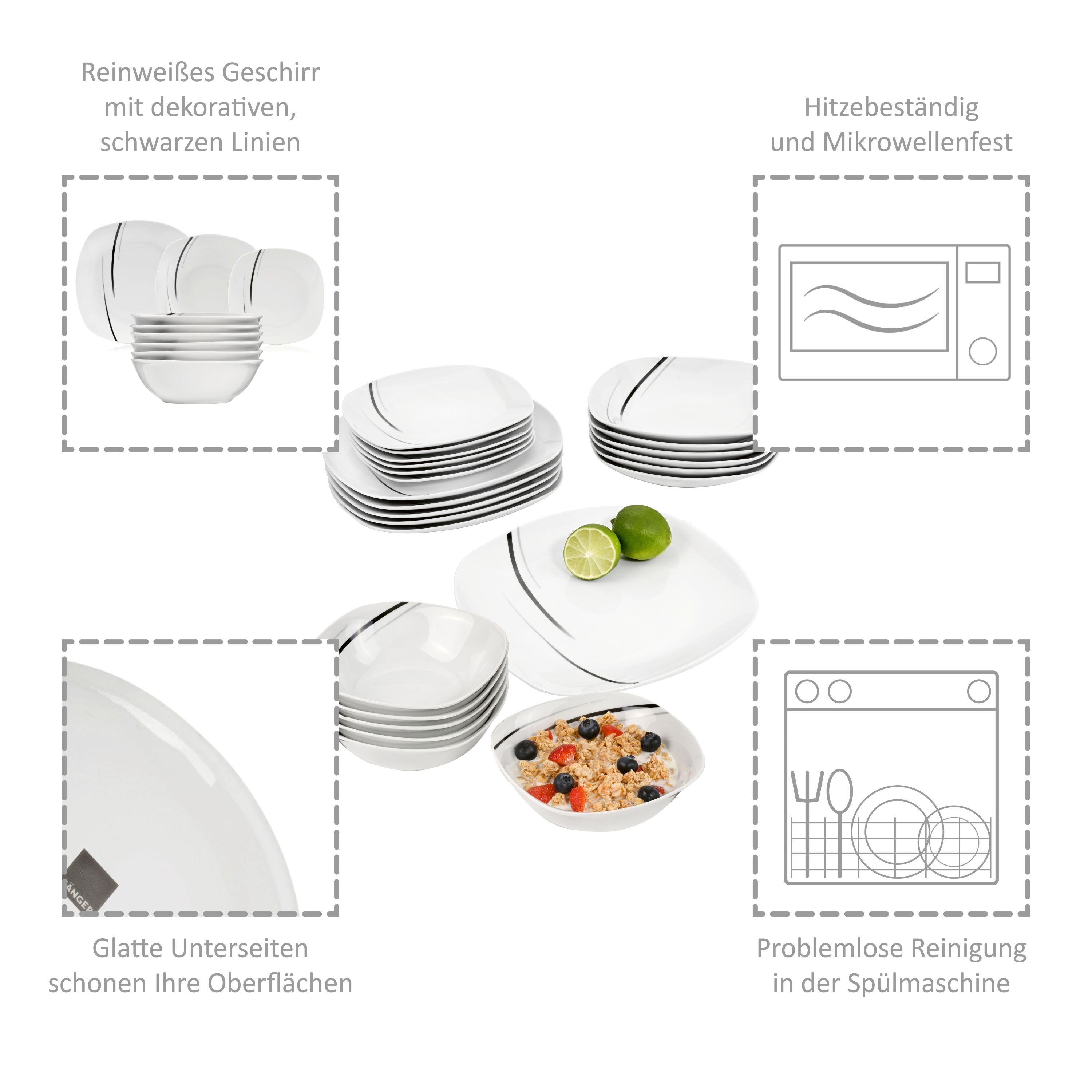 Porzellan Geschirrset Bilgola Black Lines, Kombiservice 24 teilig für 6 Personen