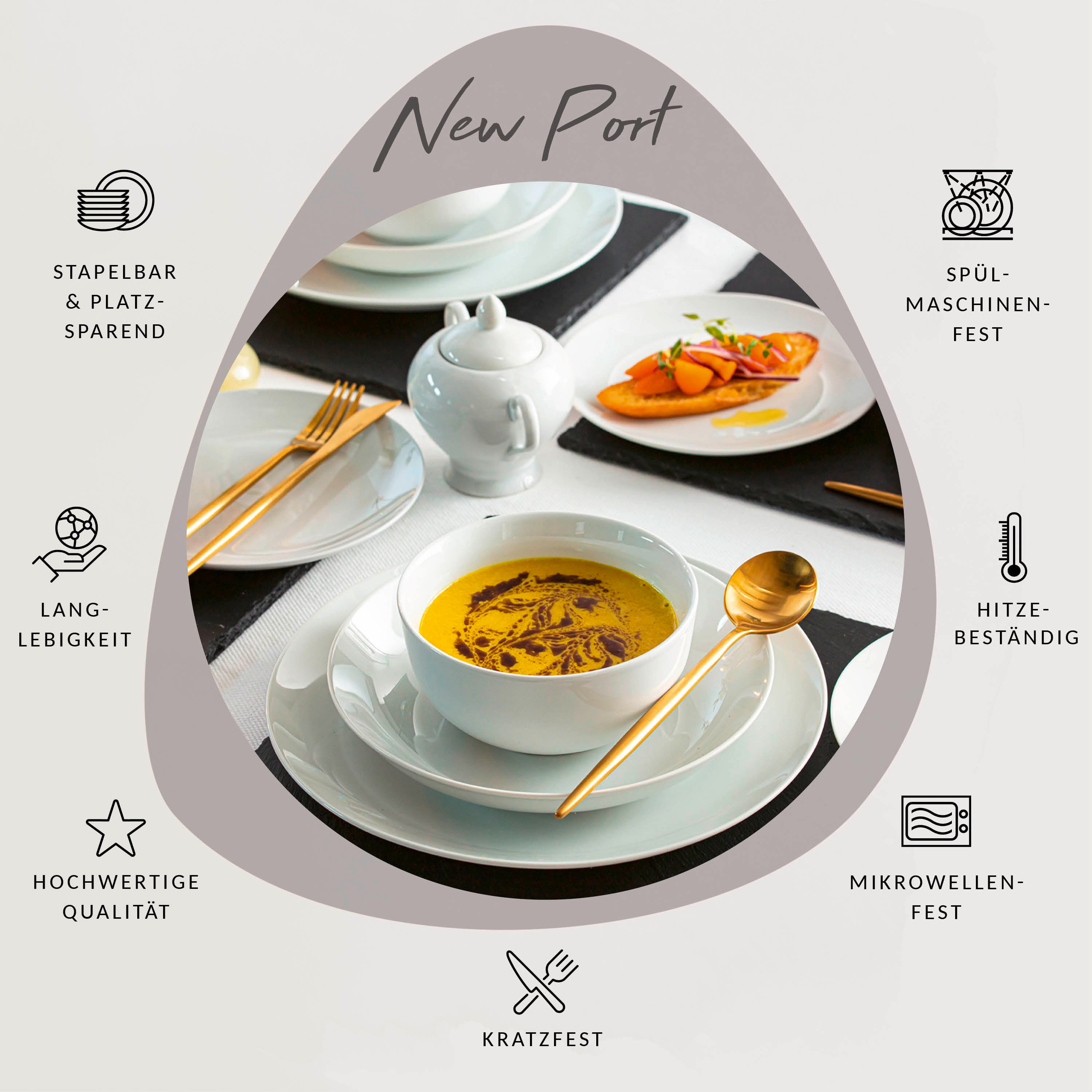 SÄNGER Porzellan Geschirrset New Port, Tafelservice 24 teilig für 6 Personen