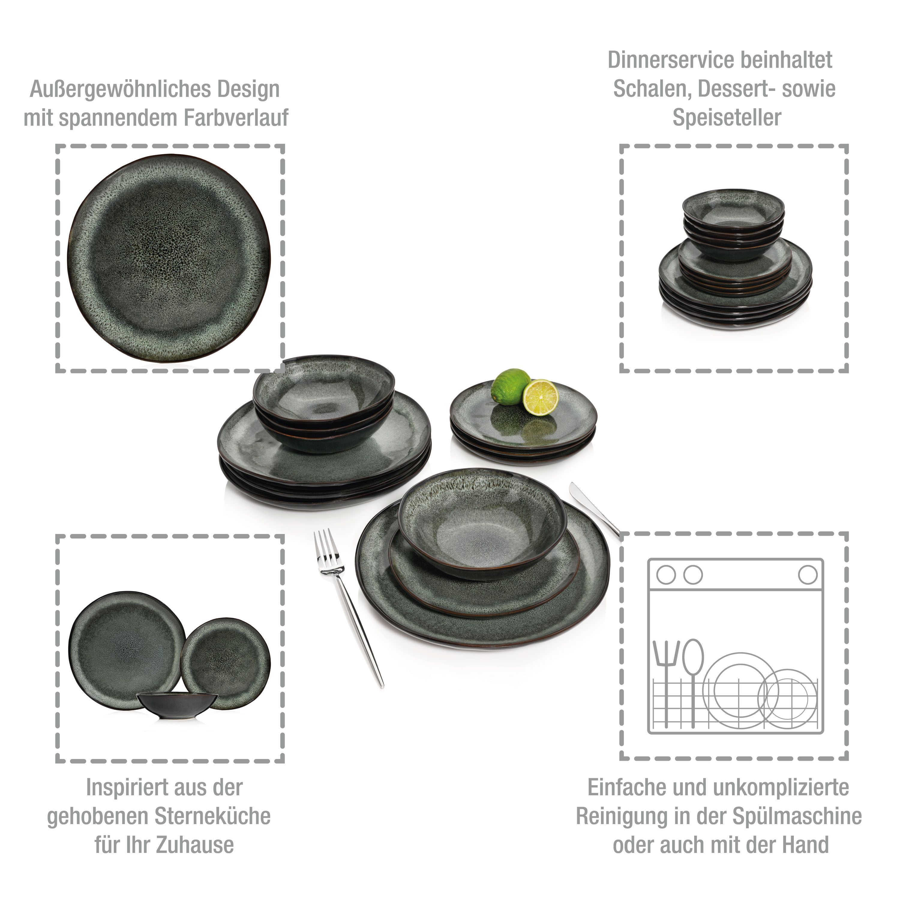 SÄNGER Steingut Geschirrset Kopenhagen, Tafelservice 12 teilig für 4 Personen